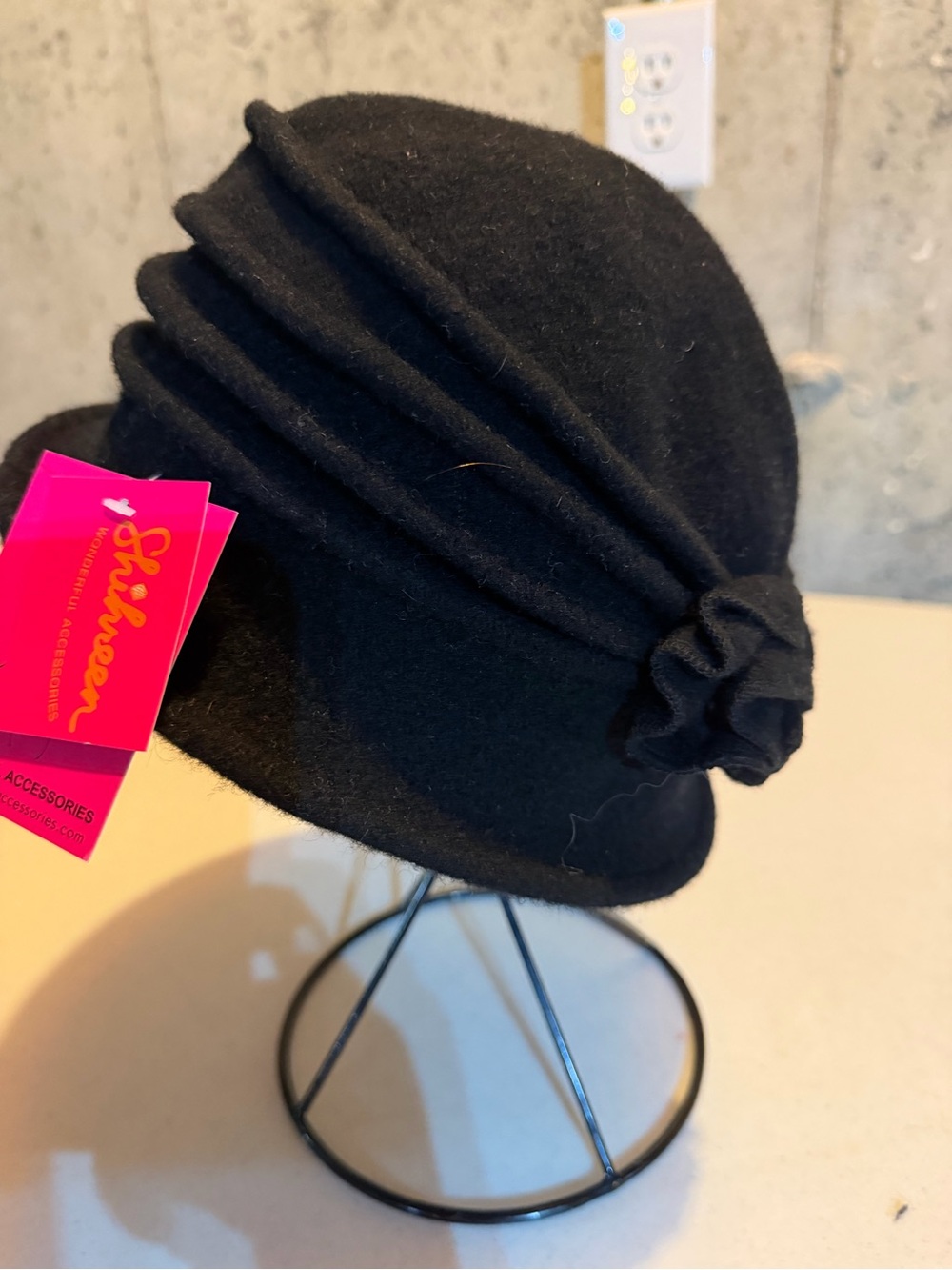 Black Wool Cloche Hat with Rosette